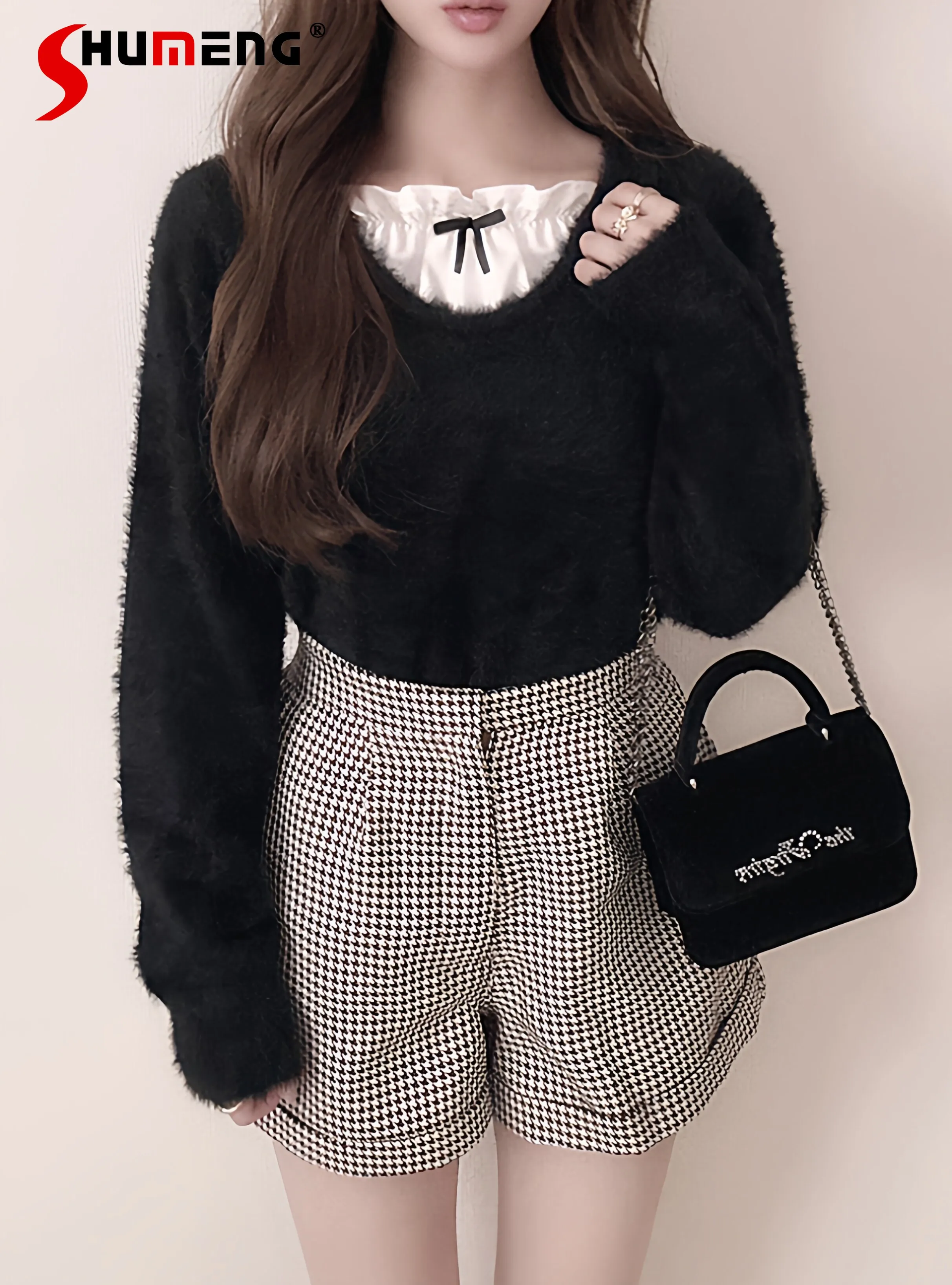 

Japanese Style Elegant Sweet Bow Spliced Square Neck Long Sleeve Loose Versatile Knitted Pullover Sweater for Women Spring 2026