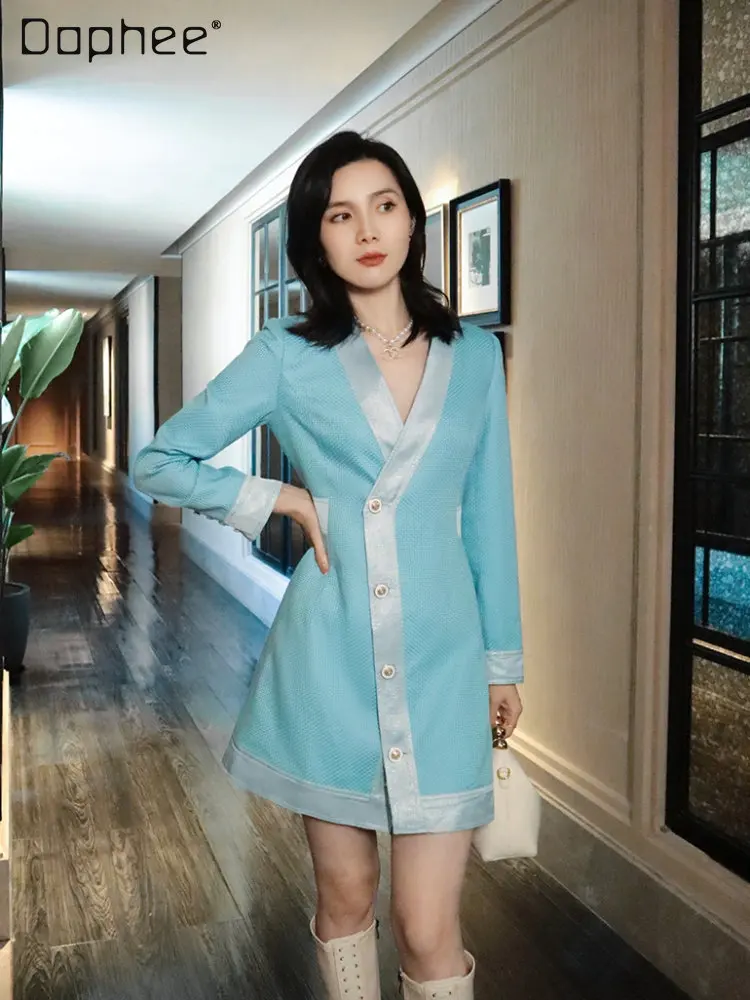 

Elegant Ladies Green-blue Dress 2023 Spring and Autumn New Elegant Patchwork Mid Waist-Slimming A- Line Slimming Suit Dresses