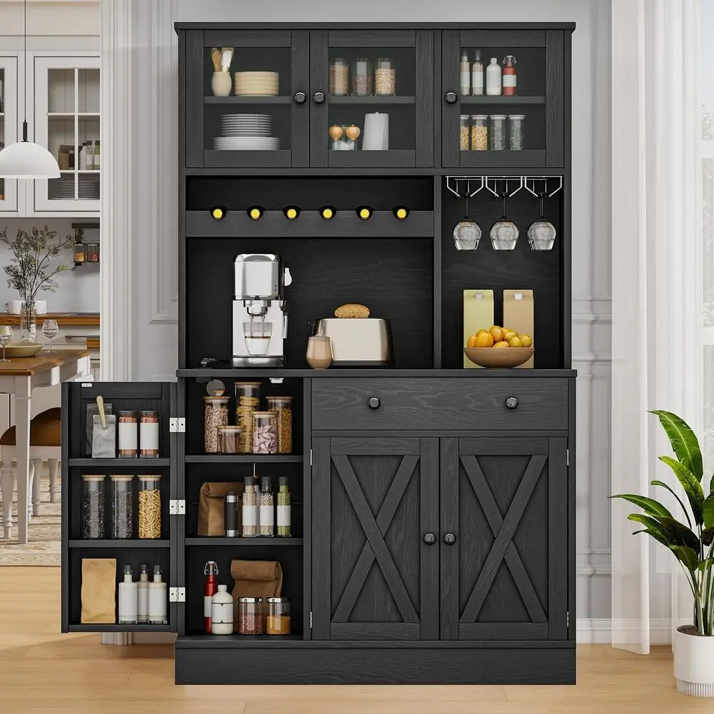 

71 Inch Tall Kitchen Pantry Cabinet with Drawers, Doors, Goblet Holder, Wine Rack, and Power Outlet for Storage in Black Oak Fin