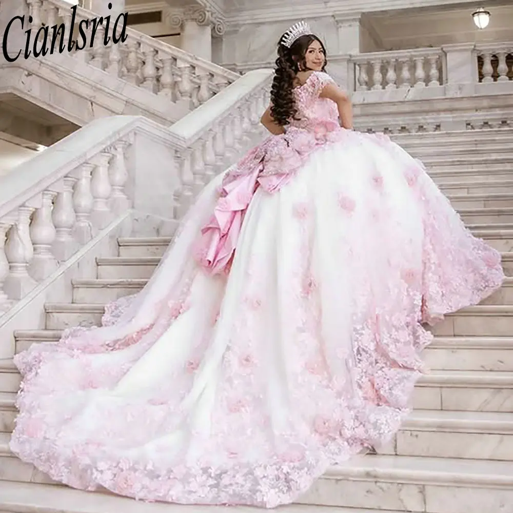 

Розовые платья Quinceanera с кисточками и бантом из кристаллов, бальное платье с 3D цветами и аппликациями, кружево Sweet 15, Vestidos De XV Años