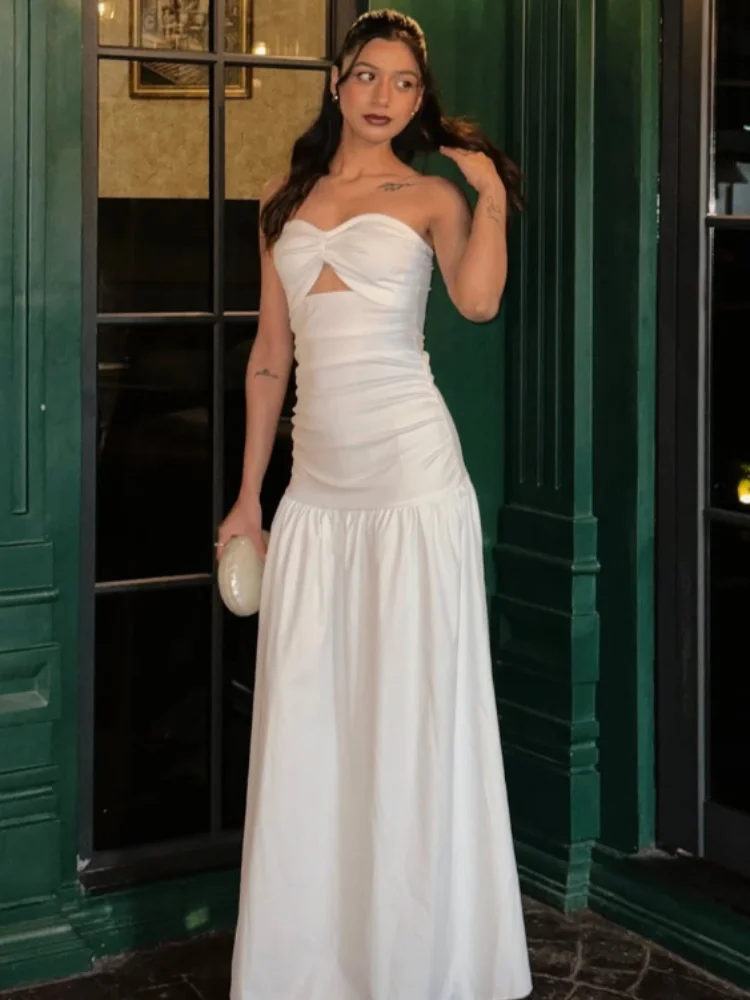 

Women Elegant Strapless Maxi Dress Sexy Hollow-out Sleeveless Backless Waist Pleated Maxi Dresses 2026 Lady Vacation Daily Robe