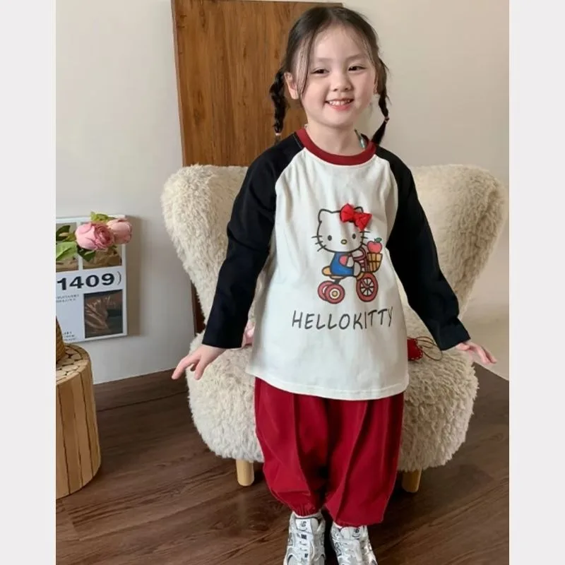 2025 Spring Hello Kitty Anime Kawaii MINISO Long Sleeve Shirt Cute Kuromi Shoulder Bottom Hoodie Children Clothes Gifts for Kids