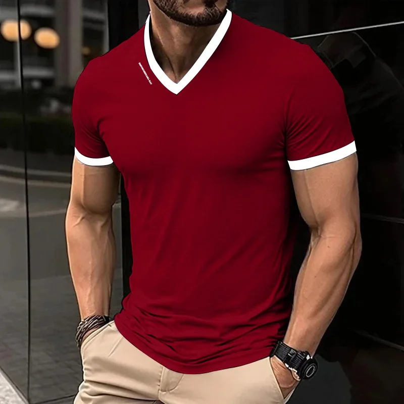 

Men's Casual T-shirt Classic Solid Color V-neck Short Sleeve 3D Print Polyester Top Summer Versatile Daily Tee Trend Men Clothe