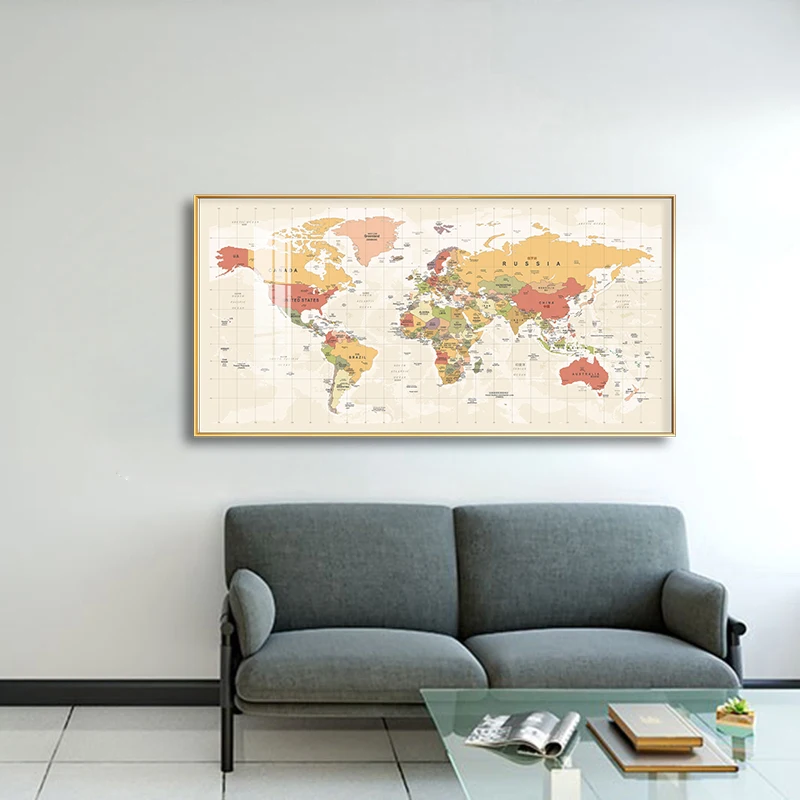 Chinese and English world map decorative painting living room sofa background wall office hanging painting study mural wall