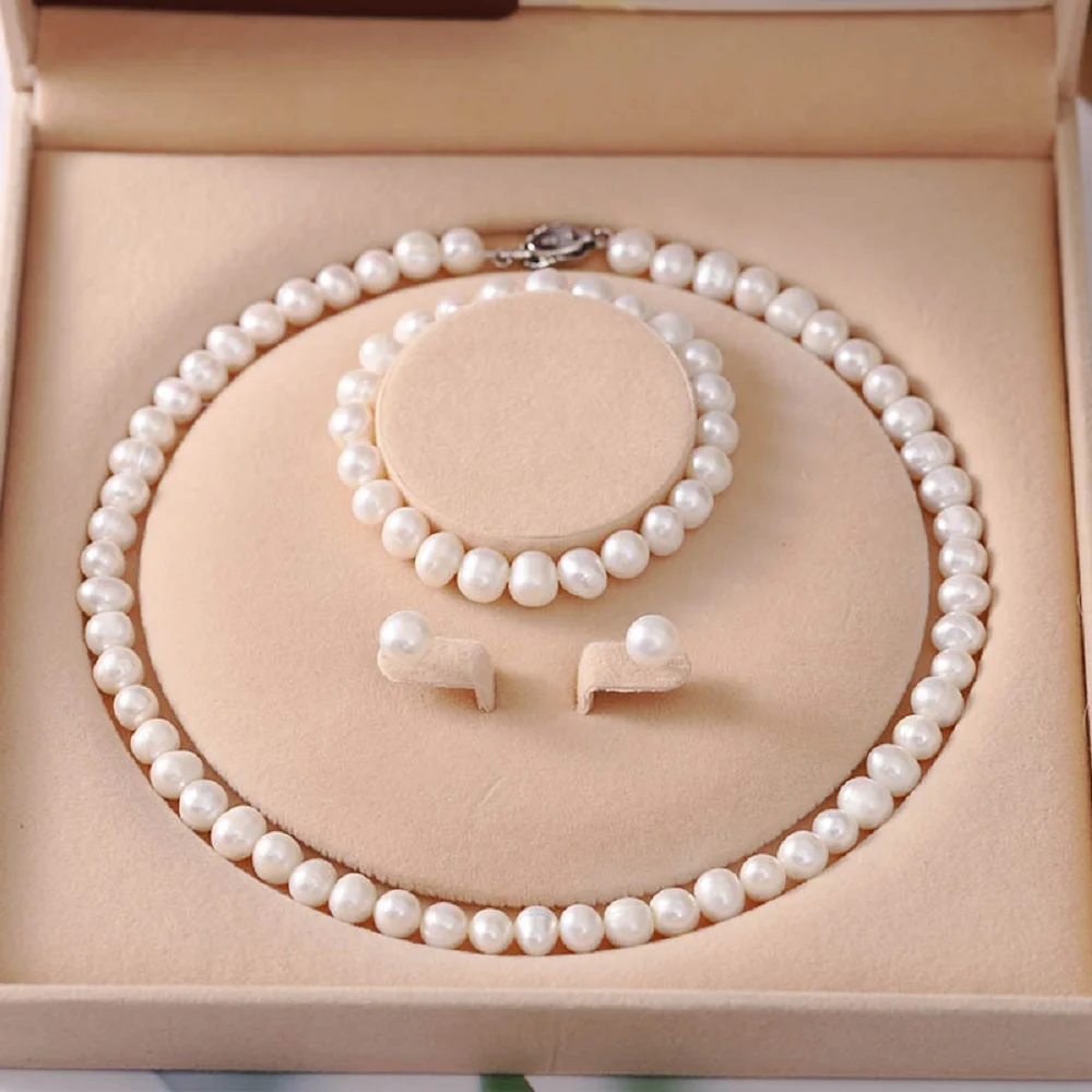 

Natural Pearl AAAA8-9mm South Sea Round Pearl Necklace 18inch+Bracelet 7.5-8inch Earrings 925s Three Piece Set