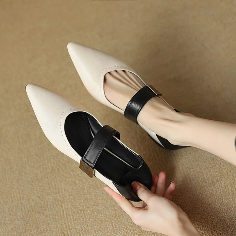 NEW Spring/Autumn Women Pumps Genuine Leather Shoes for Women Pointed Toe Low Heel Shoes Metal Buckle Mary Janes Handmade Shoes