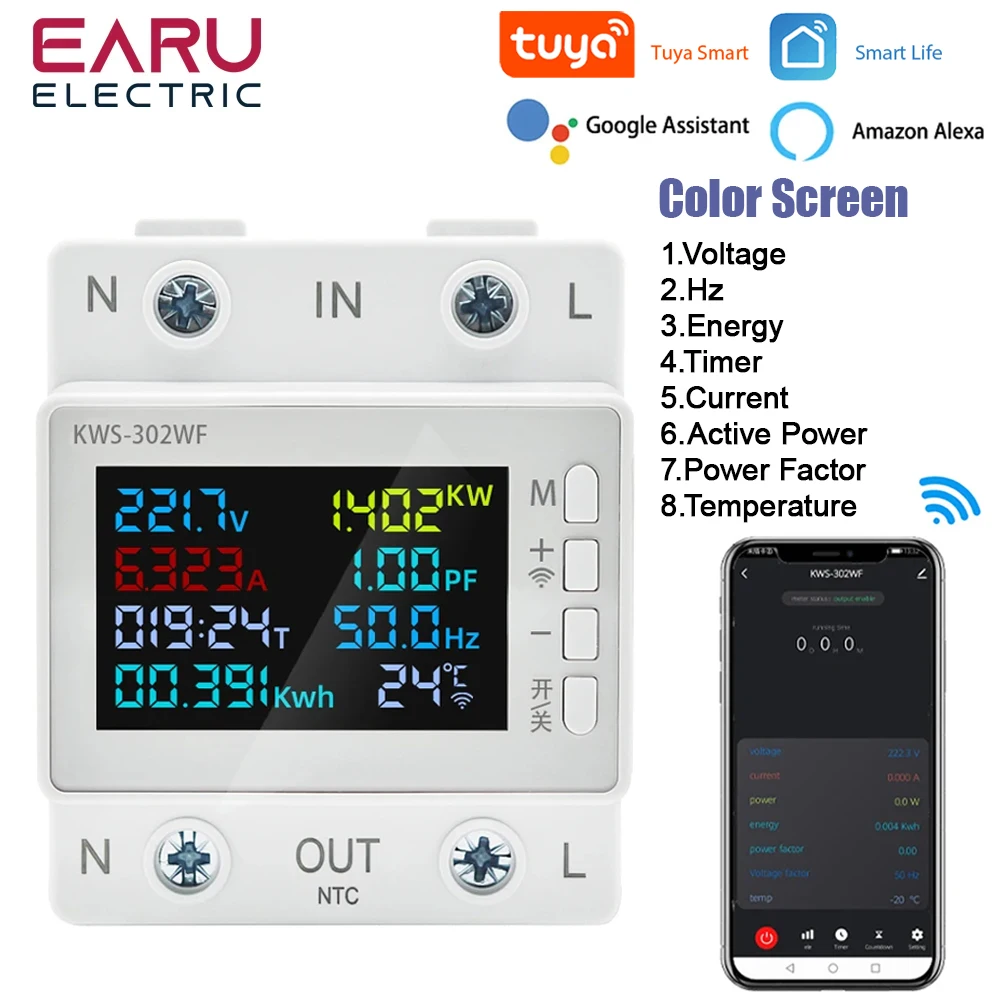 Medidor de Energia Inteligente Tuya Wifi 8in Screen Multi-função Energia ac Tensão de Potência Amps Watt Kwh Controle Remoto