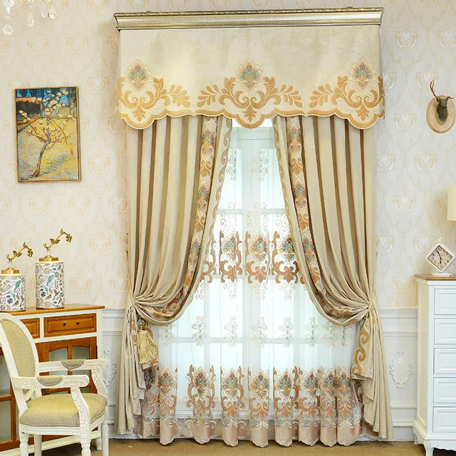 

Custom bedroom luxury solid Italian flannelette embroidered beige velvet cloth blackout curtain tulle valance drape C1692