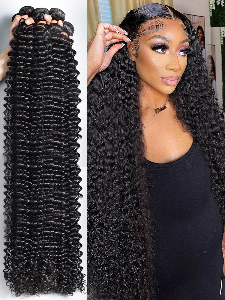 Curly 100% Human Hair Bundles 30 32 34 Inch Deep Wave Brazilian Natural Black Water Wave Remy Raw Extensions Hair For Women