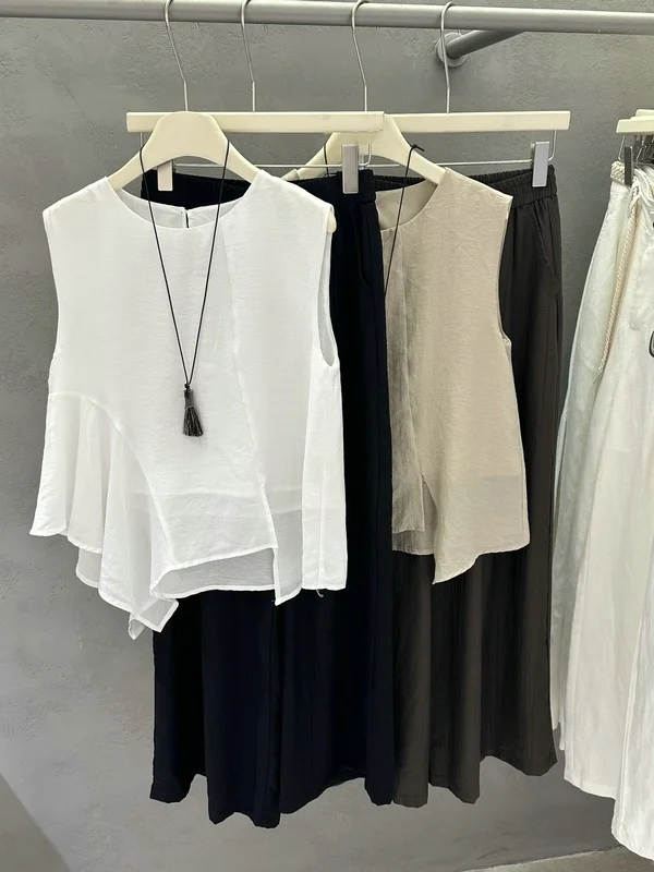

Elegant Aesthetic Two-Piece Set Summer 2026 Asymmetrical Sleeveless Vest Wide Leg Pants Women's Fashion Accessory Included