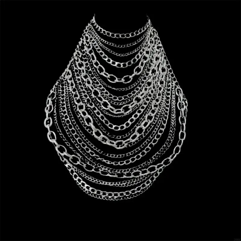 39BC Punk Theme Body Chain Metallic Chest Chain Tassels Necklace Women Body Jewelry