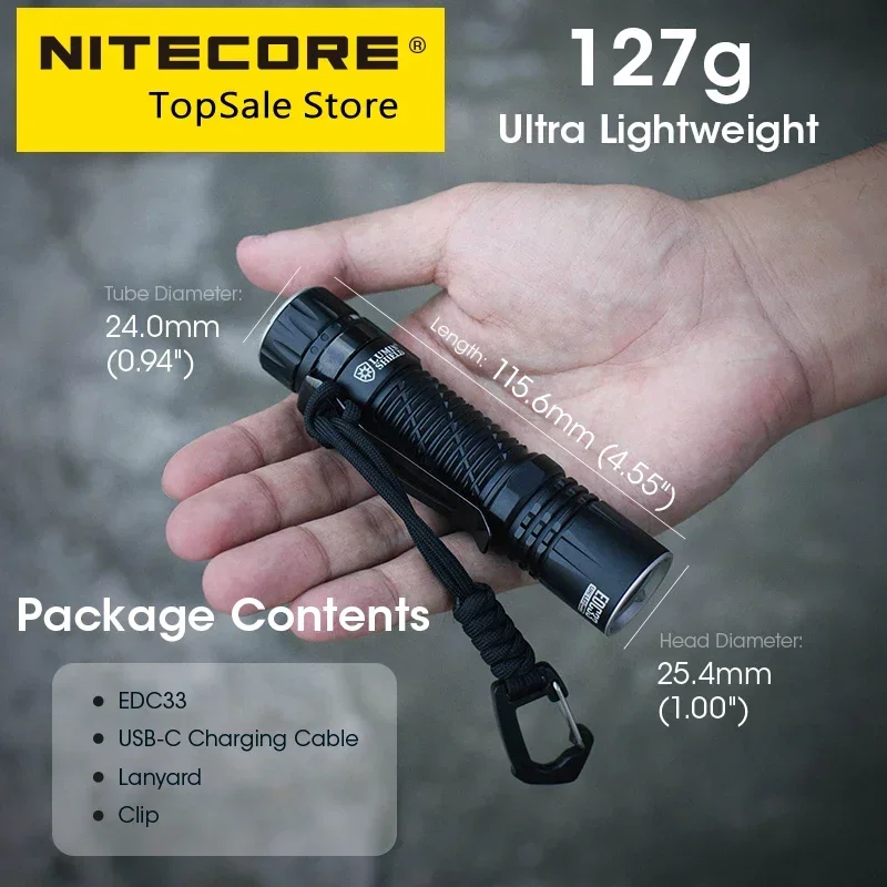 NITECORE EDC33 EDC Tactical Flashlight USB-C Rechargeable Torch Light 450 Meter UHi 20 Max,Built in 4000mAh 18650 Li-ion Battery