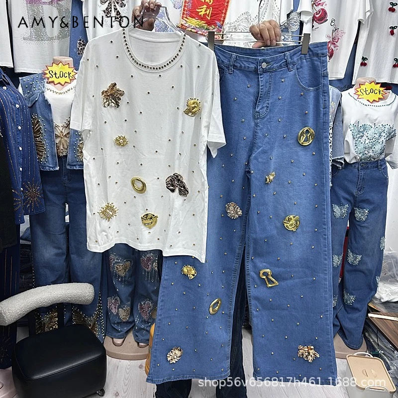

American-style 3d Embellished Short-sleeves White Tee Top + High-waisted Blue Wide-leg Denim Pants Two-piece Set Y2k Clothes