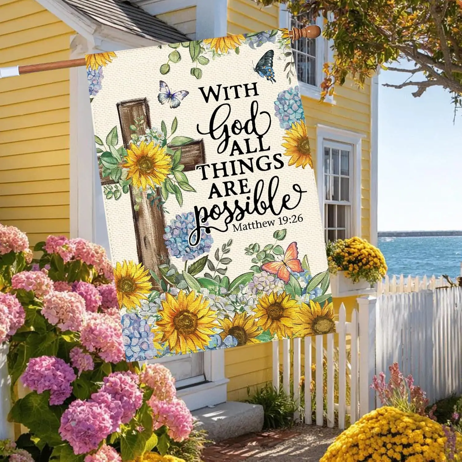 Spring Summer Sunflower Hydrangea House Flag 28 x 40 Inch Double Sided, Cross Religious Flowers Burlap Large Yard Garden Fla MMZ