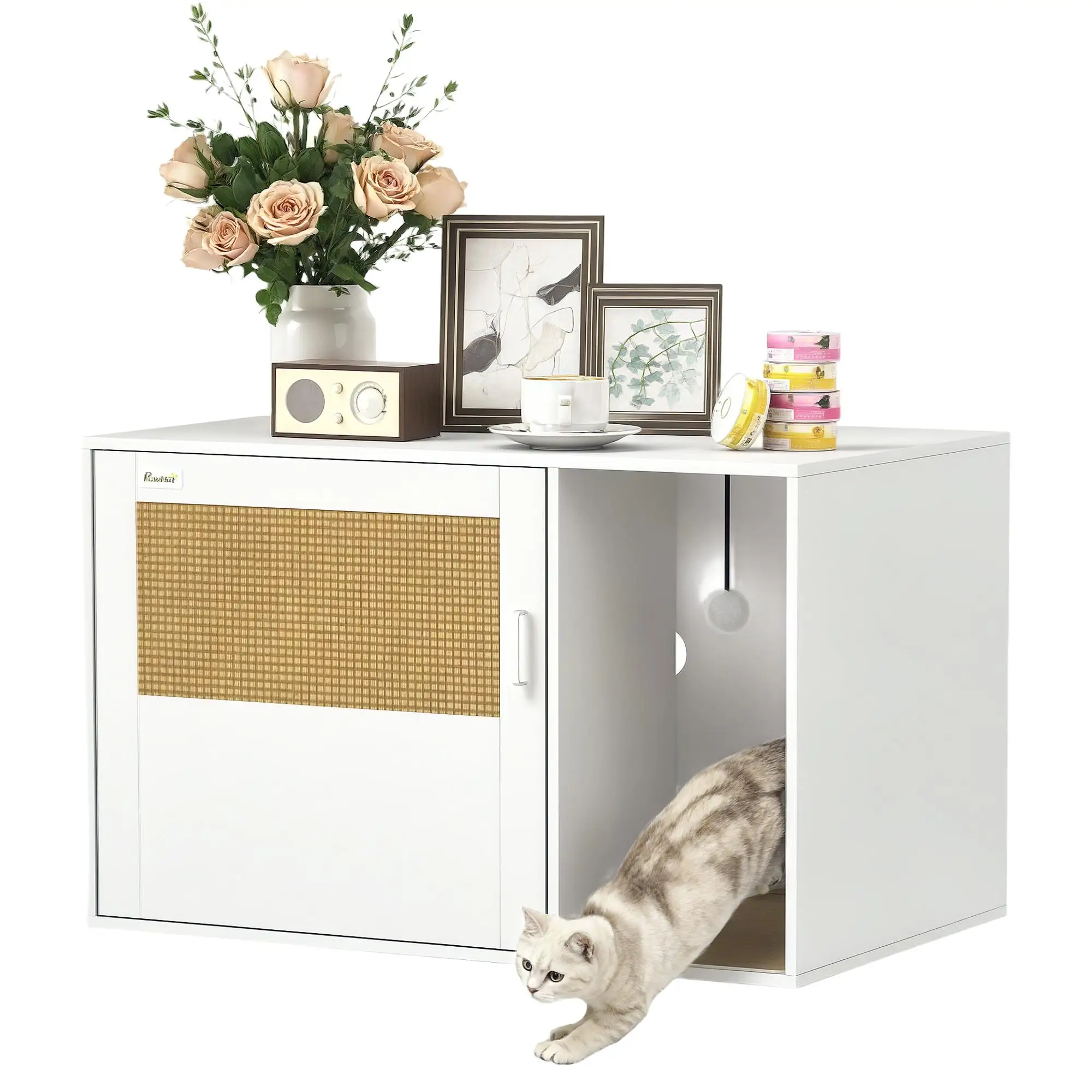 Porte en rotin style bohème chic avec tapis anti-griffures 80x50x50cm, armoire, bac à litière, blanc