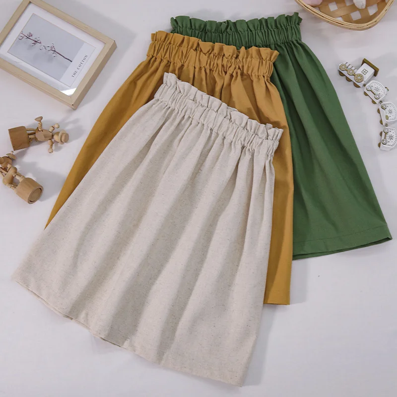 Summer Girls Linen Skirt 2024 New Casual Loose Elastic Waist Pleated Baby Girl Cotton And Linen Skirts