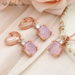 S&Z DESIGN New Fashion 585 Rose Gold Color Square Crystal Drop Earrings Jewelry Sets For Women Wedding Pendant Necklace Gift