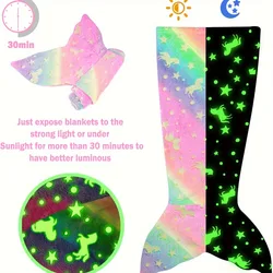 Cartoon Rainbow Unicorn Mermaid Tail Blanket Super Soft Glow in The Dark Flannel Mermaid Tail Blanket Gifts for Girls