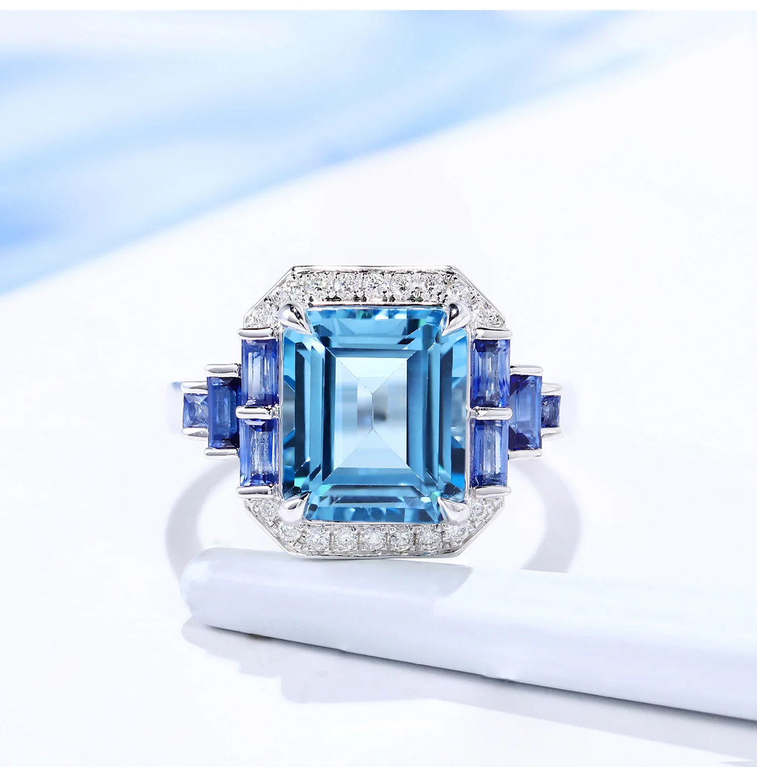 Exquisite Simulation Aquamarine Two-Piece Rings Pendant Necklaces For Women Engagement Bridal Gift Jewelry Sets For Women