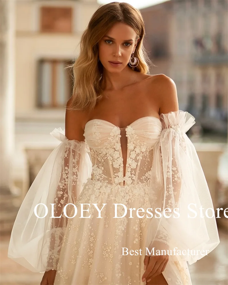 OLOEY Elegante Spitze Floral A-linie Brautkleider Boho Puff Lange Ärmel Schatz Split Brautkleider Vestidos de noiva Customiz