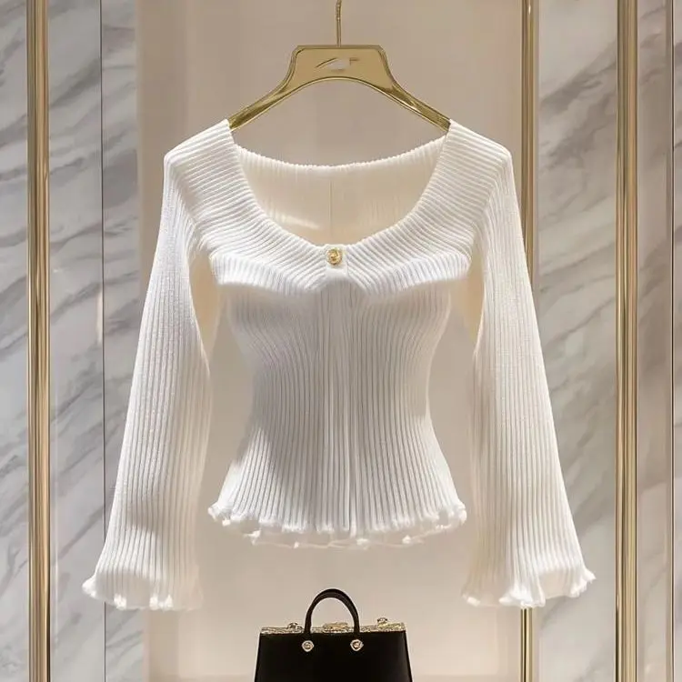 

Spring Autumn Simple Slim Fit Knitted Pullover Y2k E-girls All-match White Sweaters Mujer 2025 New Long Sleeve Tops Women