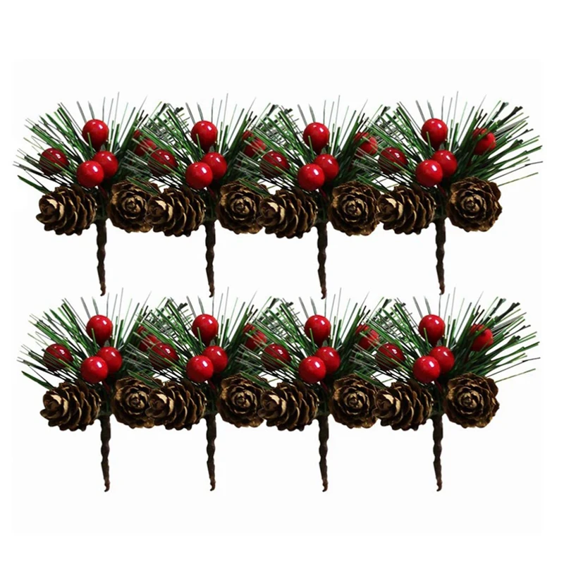 50Pcs Mini Simulation Christmas Pine Picks Stems Artificial Creative Pine Needle Berry Plant For Xmas Party Home Decor