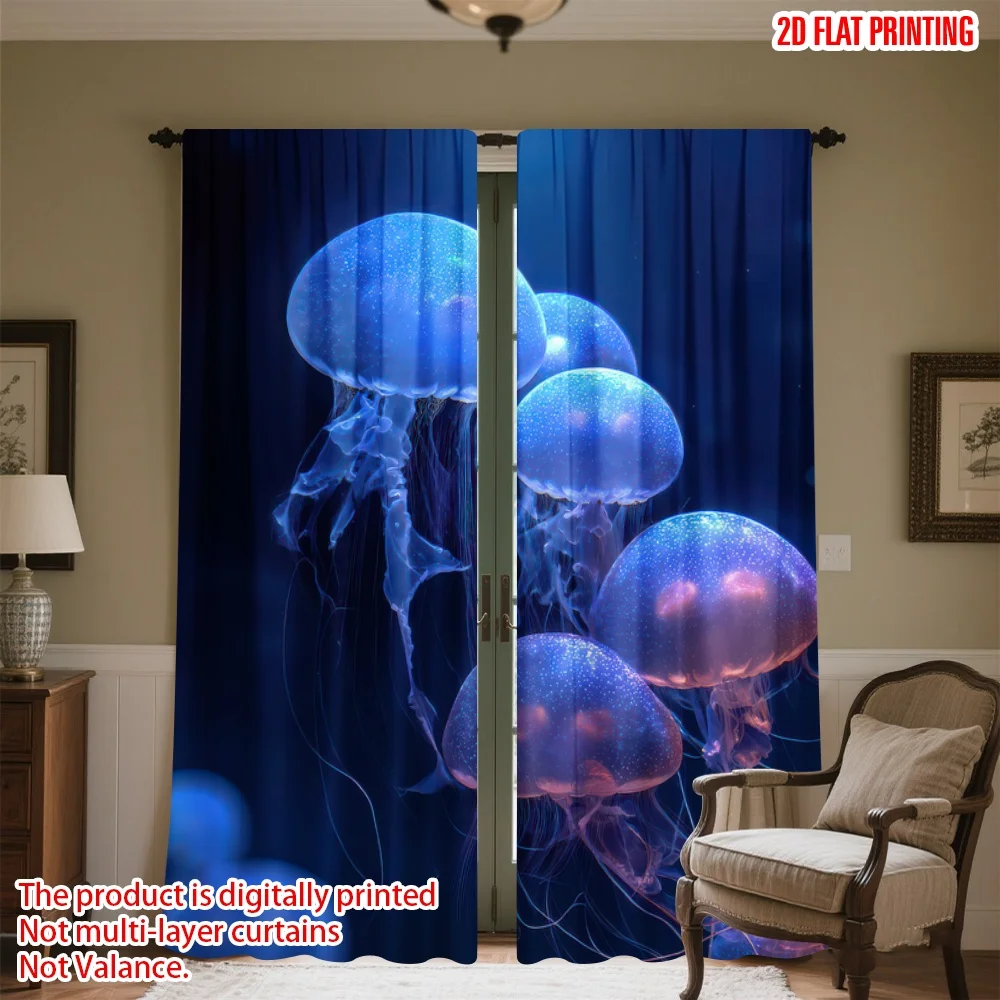 

2D flat printing 2pcs Curtain Glowing Blue Jellyfish Digital Printed Polyester Drapes Family Party for Indoor Celebrations Room