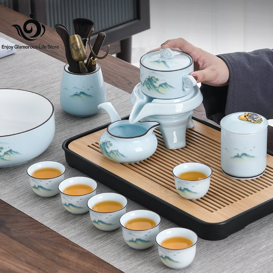 

13 шт. полный автоматический чайный сервиз Celadon для домашнего офиса, ленивый полуавтоматический шлифовальный камень, вращающийся керамический чайный сервиз, набор чайных чашек