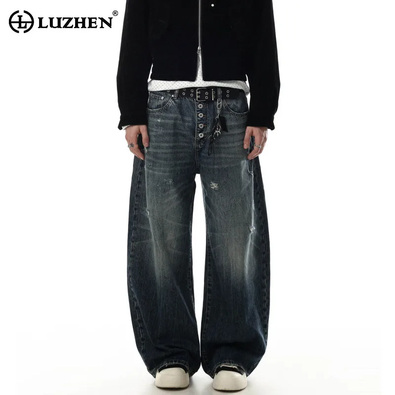 LUZHEN 2026 New Original Single Buttoned Niche Design Straight Tube Jeans Men's Fashion Loose Casual Wide Leg Denim Pants JY8919