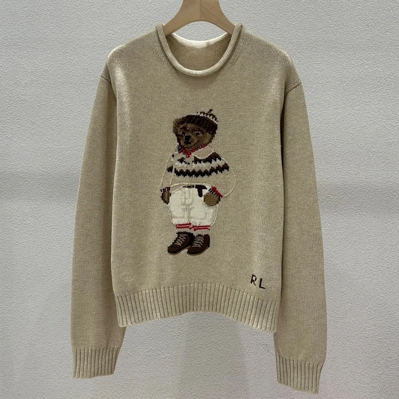 

Briti Sle Loose Fit Pure Cotton Knitted Long Sve Cartoon Bear Embroidery Ne Sweater for Women Winter 2025