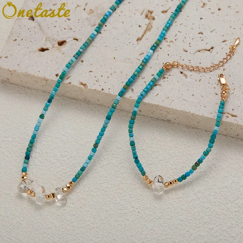 

Turquoise Bead White Crystal Charm 925 Silver Stack Beaded Strand Jewelry Set With Necklace And Bracelet Women Tiny Dainty Gift