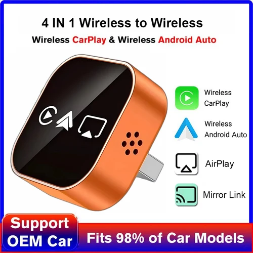 Imagen 1 del producto Adaptador Bluetooth Estable 4 en 1 con Cable a Inalámbrico para CarPlay, Android Auto, AirPlay y Mirror Link, Actualización 2026, para Audi, Benz, Toyota, VW