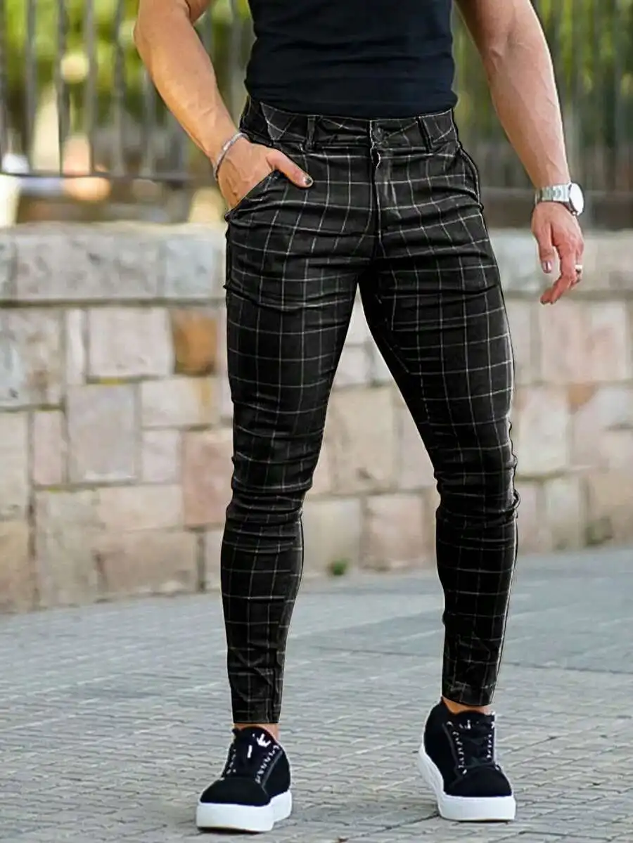 Mens Plaid Print Casual Trousers Slim Fit Ankle-Length Pants