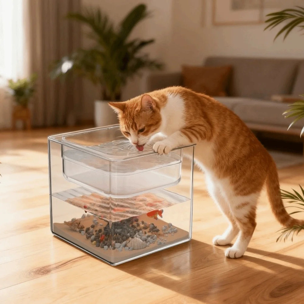 

Multi-functional Transparent Double-layer Fish Tank Plastic Shatterproof Cat Drinking Bowls Cube Cat Water Bowl Home Decor
