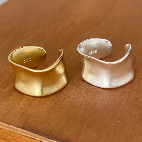 925 Sterling Silver Rings For Women Simple Elegant Open Vintage Gold Wide Flat Ring Hypoallergenic Jewelry Gift