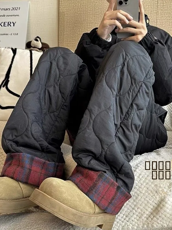 

Зимние теплые хлопковые брюки прямого кроя, ветрозащитные, повседневные, свободные, с лоскутным дизайном, термоштаны для женщин