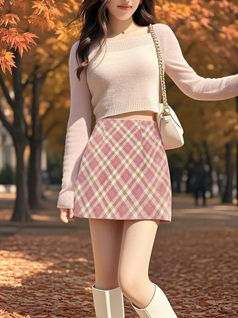 Herfst Winter Roze Geruite Wollen Korte A-lijn Rok Voor Vrouwen Hoge Taille Slanke Retro Zoete Potlood Mini Rokken Dame