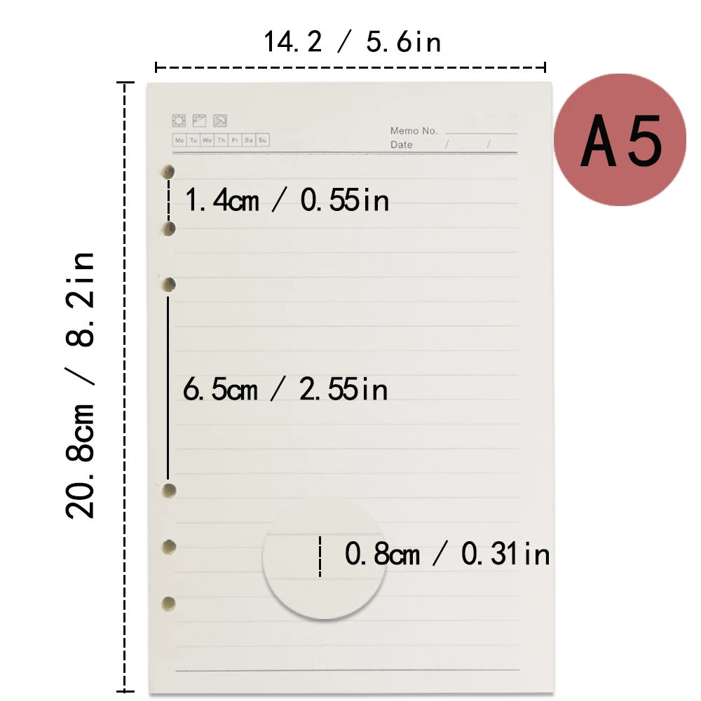 1 Pack A5/A6/A7 Refill Paper, 6 Holes Loose Leaf Paper, 6 Ring Refillable Binder Notebook Planner Diary