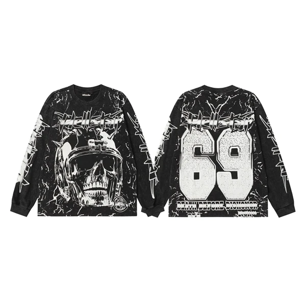 

Hell Star Skull Digital Print Vintage Waed High Street Long Sve Trendy Brand Men's Women's T-irt Retro Sle Cotton Cr...