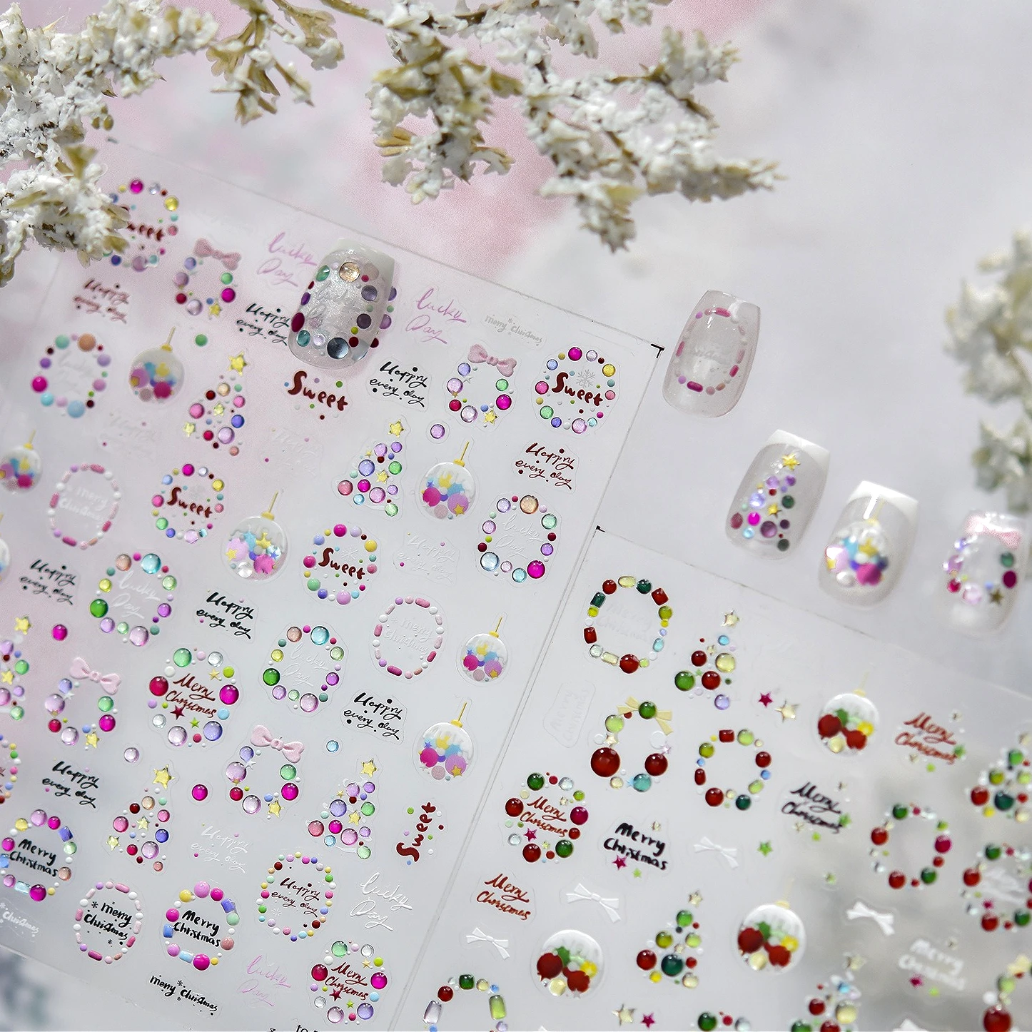 Corona navideña colorida, lazo, bola de cristal, cinta, Papá Noel, copo de nieve, muñeco de nieve, árbol, invierno, pegatinas para decoración de uñas encantadoras