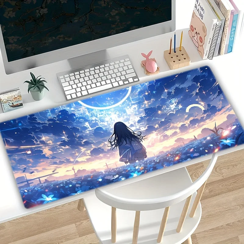 Gaming Mouse Pad, Large Desk Mat, Anti-slip, Stitched Edges, Sunset Sky Anime Girl Print, Keyboard Pad for Gaming & Home Use
