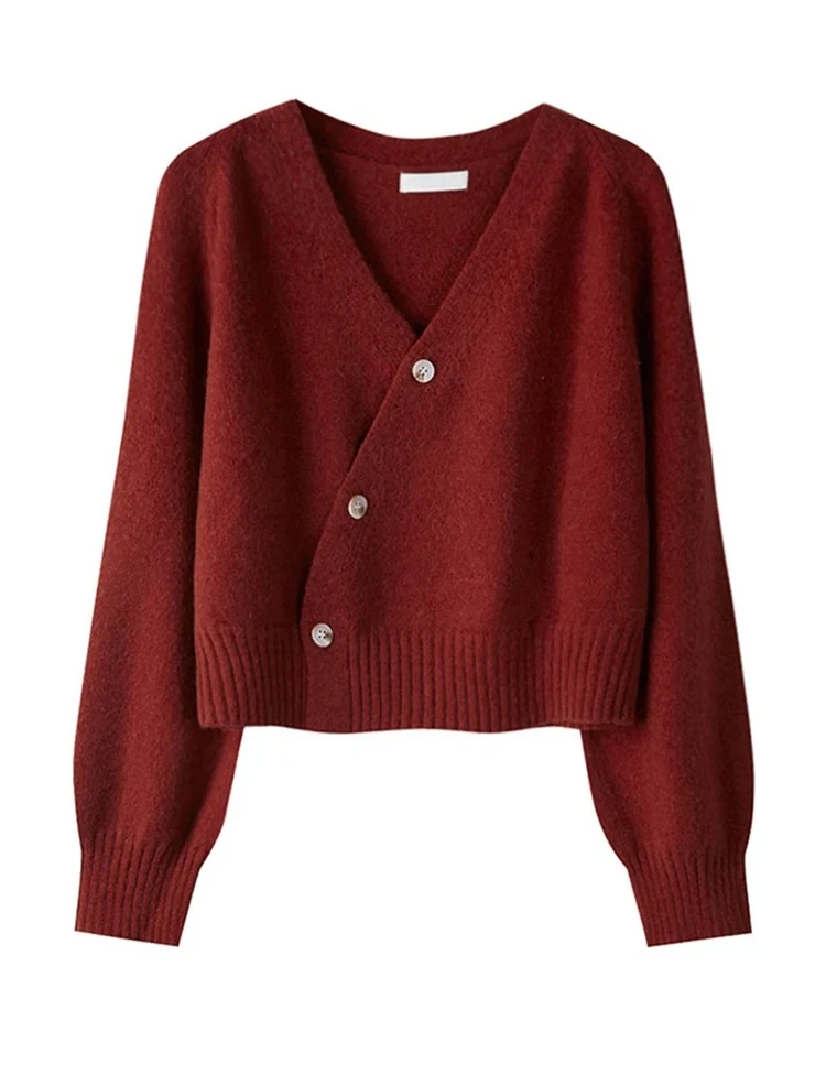 Autumn Winter Skew Button Cardigan V-neck Sweater Women Knitted Long Sleeve Tops Korean Loose Solid Cashmere Woman Sweater