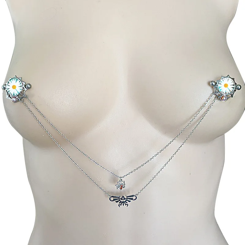 Handcuffs Chains Chest Piercing Stainless Steel Crystal Nipple Shield Cover Heart Flower Nipple Rings Body Jewelry 1.6mm*16mm