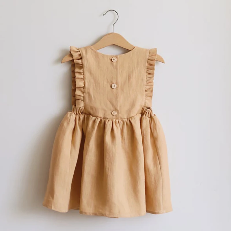 Girls Ruffle Retro Linen Dress 2022 Summer New Baby Girl Sleeveless Button Casual Cotton And Linen Dresses Kids Clothes TZ022