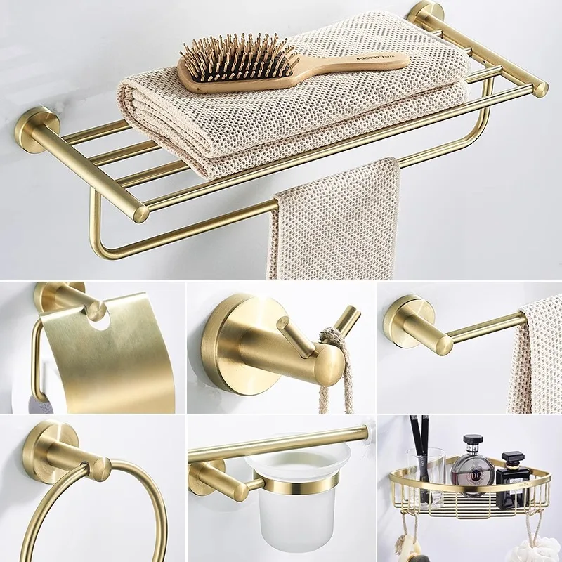 No Drill Brushed Gold Stainless Steel Bathroom Hardware Set Towel Rail Ring Toilet Paper Holder Hooks Optional Corner Shelf