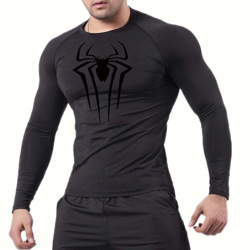 Spider Print Long Sleeve Compression Shirts for Men Gym Workout Rash Guard Undershirts Baselayers Athletic Quick Dry Tees Tops