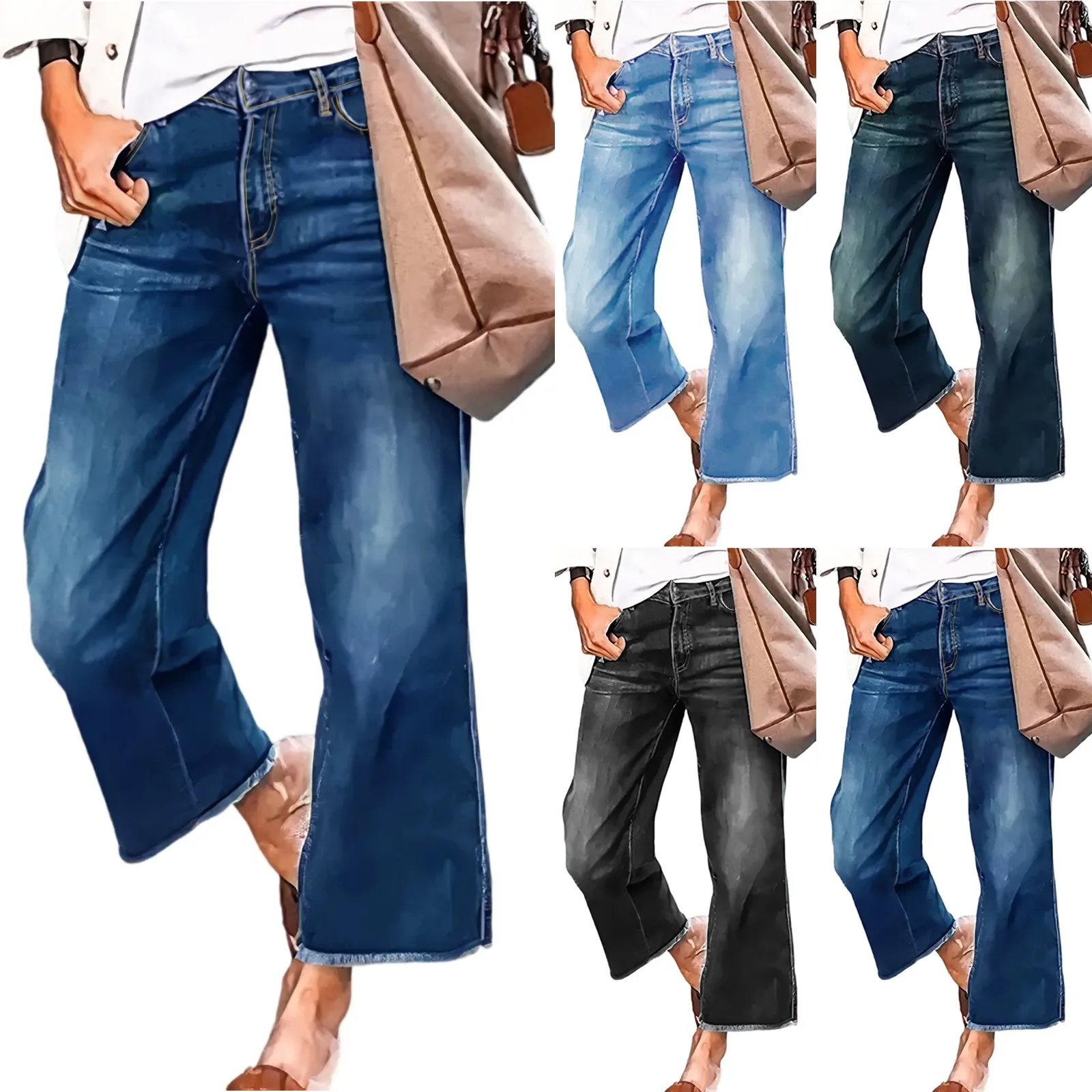 Calças de brim de perna larga para mulheres lavadas com bordas cruas solto ajuste retro calças estilo preguiçoso na moda diariamente casual wear