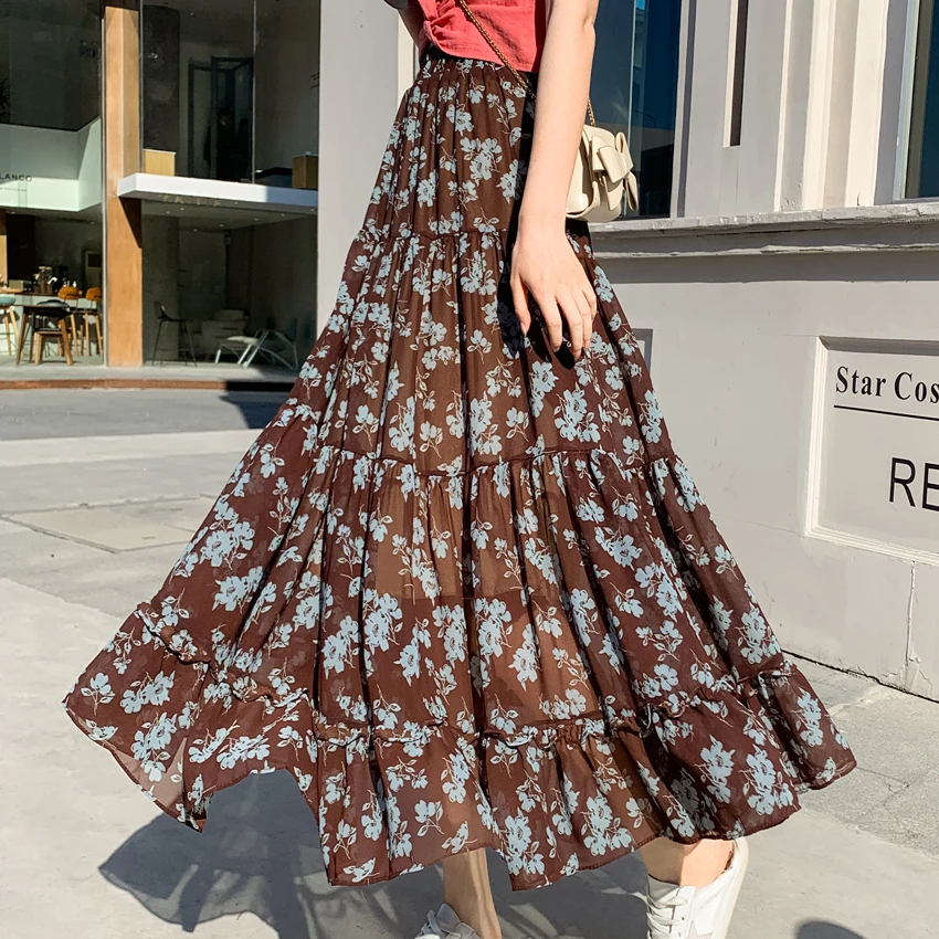 

Spring Floral Patchwork A-line Maxi Long Boho Chiffon Skirts Elastic Waist Big Flared Crepe Chiffon Pleated Ankle Long Skirts