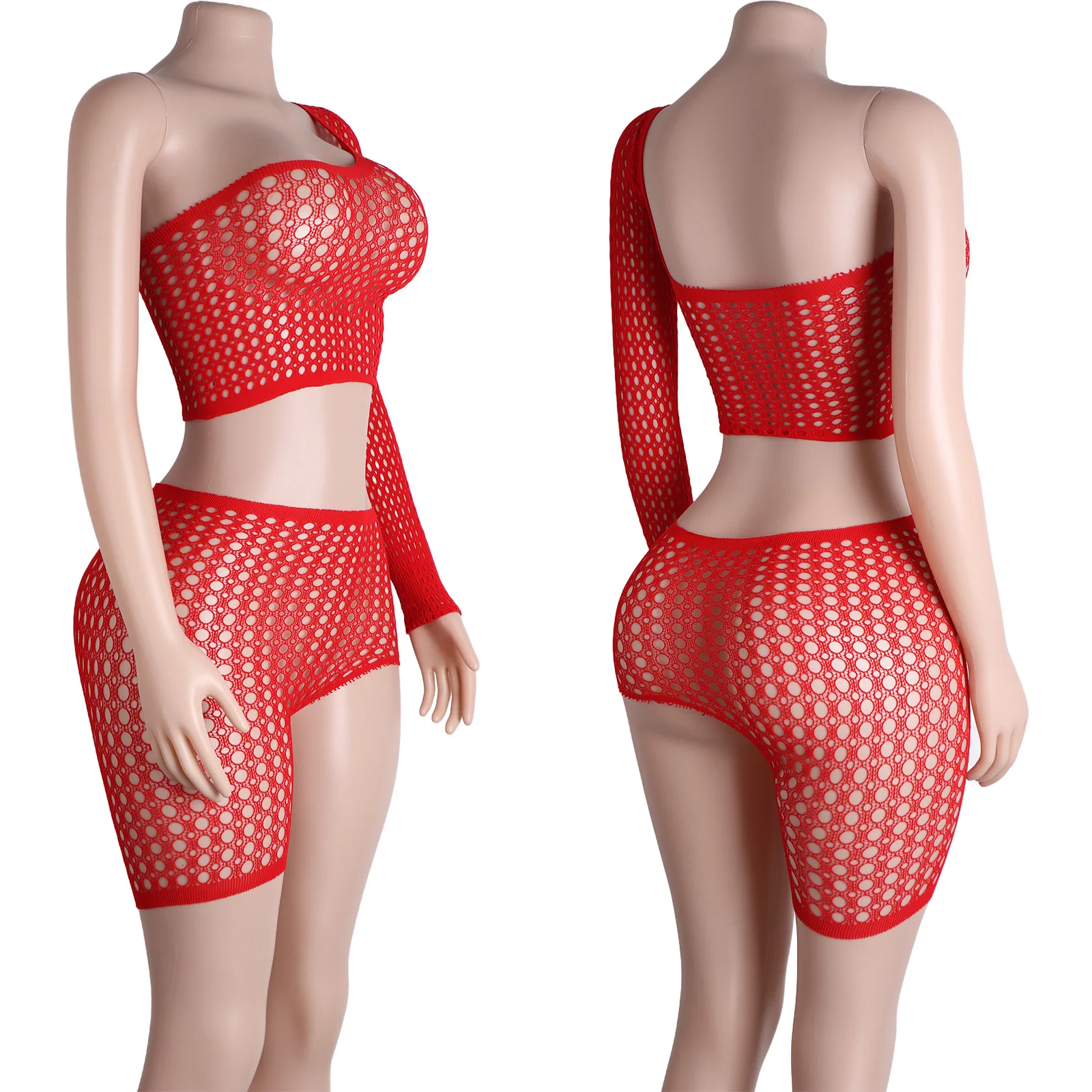 

Stripper Outfit Two-Piece Bodysuit Mesh Sleeve Asymmetric Lace Clubwear Performance Lingerie Stage Designer Cheeky Costume