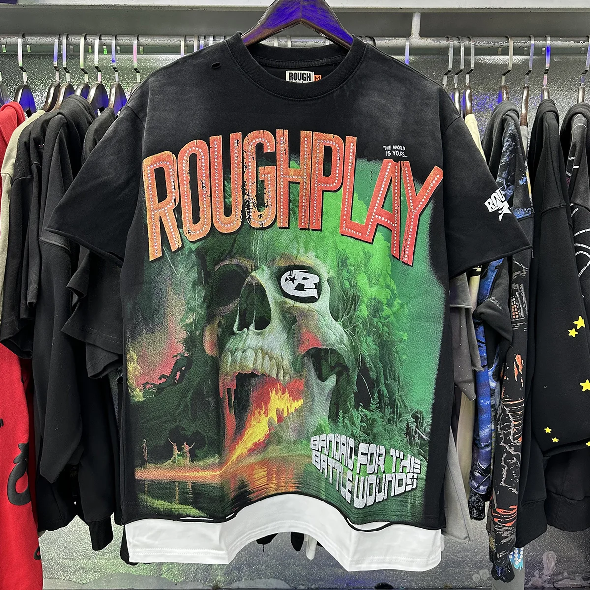 Rough Play American Style Retro Washed Diamond Splicing Hole Pure Cotton round Neck Short Sleeve T-Shirt Street Snap City Wal...